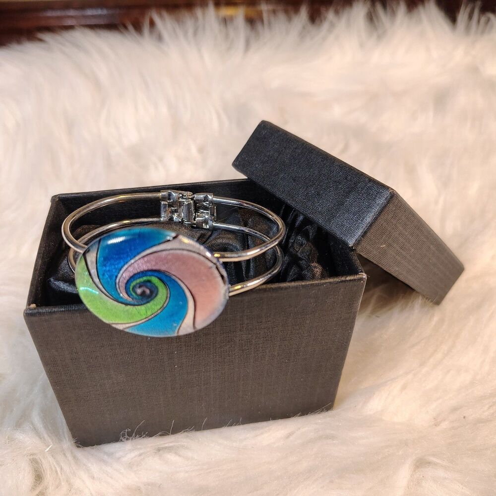 Murano Inspired Blue Green White & Purple Dichroic Glass Spiral Cuff Bracelet